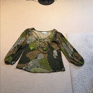 TAJ by Sabrina Crippa Olive & Brown Lace-Up Patterned Blouse